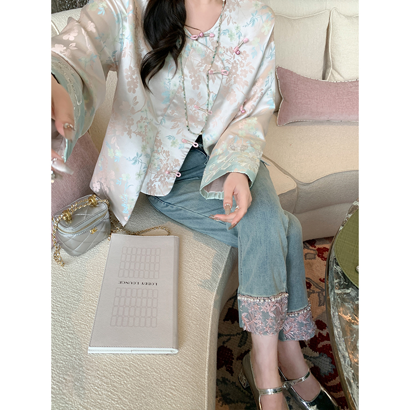 新中式刺绣串珠牛仔烟管裤