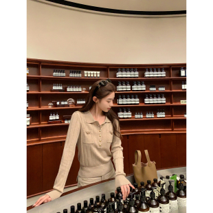 世家小千金 针织衫 POLO领长袖 小香风修身 上衣女秋季 cchen陈陈