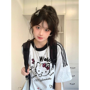 美式高街三条杠纯棉短袖t恤女夏季初中生百搭半袖重磅小个子上衣