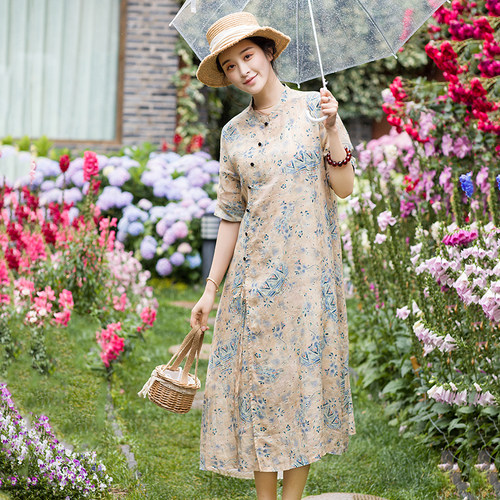原创素色复古苎麻碎花斜领连衣裙