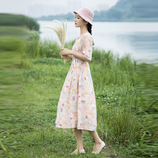 夏季 原宿风文艺古着感收腰竺麻粉色苎麻大摆型长裙 连衣裙2023新款