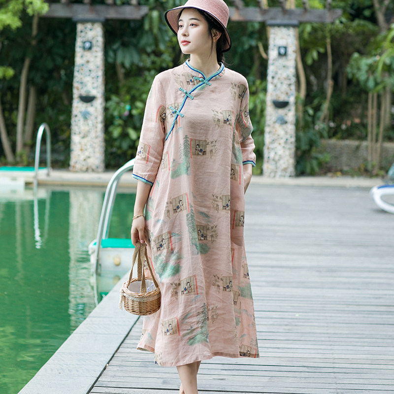 冉裳原创连衣裙女斜领盘扣新款文艺复古仙女超仙苎麻印花长裙春夏,女装/女士精品,连衣裙,淘宝优惠券,粉丝福利购,淘宝优惠卷