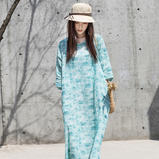 苎麻长裙 淡蓝色气质宽松休闲棉麻连衣裙夏天薄款 冉裳原创女装 套装