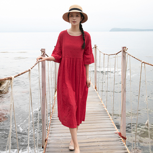 原创超仙森系甜美连衣裙2024新款 夏a字裙 绣花气质圆领红色超长款