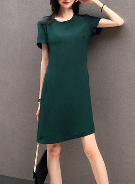 2025秋季缎面垂感进口三醋酸连衣裙女宽松休闲墨绿色OL简约直筒裙