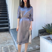 真醋酸缎面连衣裙垂感丝滑开叉时尚 2025秋季 新款 过膝中长裙