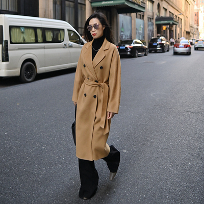 2025冬季新款宽松版全羊毛水波纹纯手工双面绒大衣中长款毛呢外套