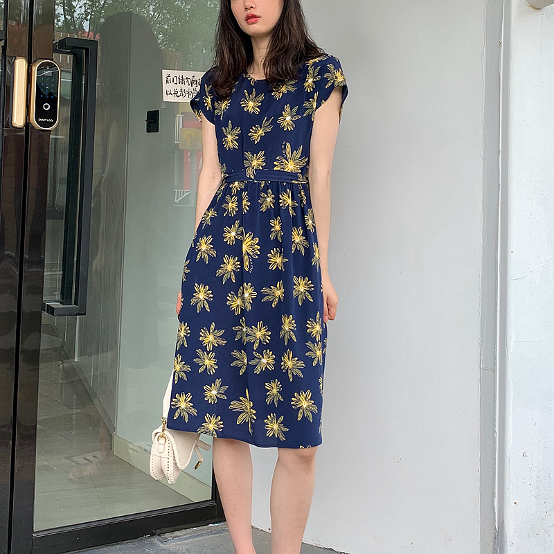 双绉真丝桑蚕丝印花连衣裙大摆裙