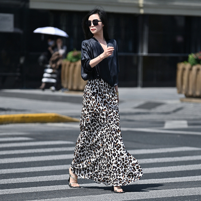 豹纹半裙不规则斜拼下摆鱼尾半裙