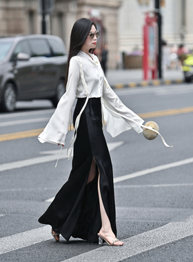 2026春夏款原创醋酸缎纯色立裁气松紧腰鱼尾侧开叉加长款半裙