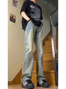 复古蓝牛仔裤男款2024新款秋季薄款直筒修身微喇美式高街vibe裤子