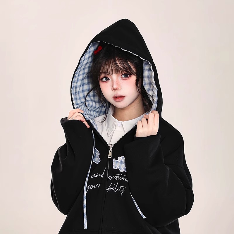 美式复古刺绣连帽卫衣女生秋季2025新款显瘦宽松超火休闲开衫外套