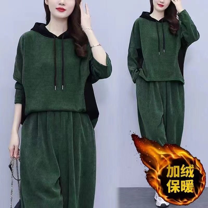 休闲时尚卫衣套装女春秋大码女装胖mm遮肚子上衣长裤灯芯绒两件套