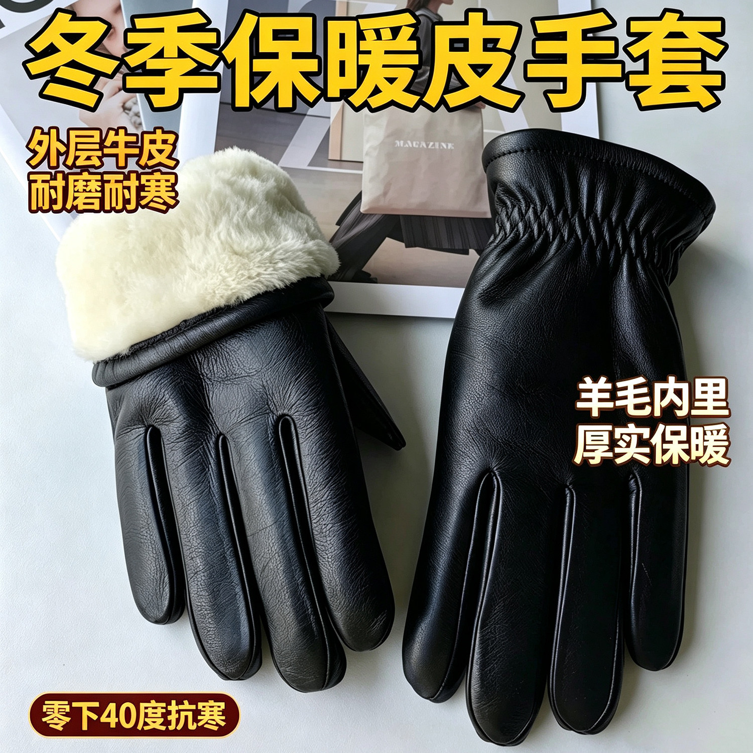 皮毛一体手套男女款头层牛皮加厚羊毛内里冬季骑行摩托车真皮手套