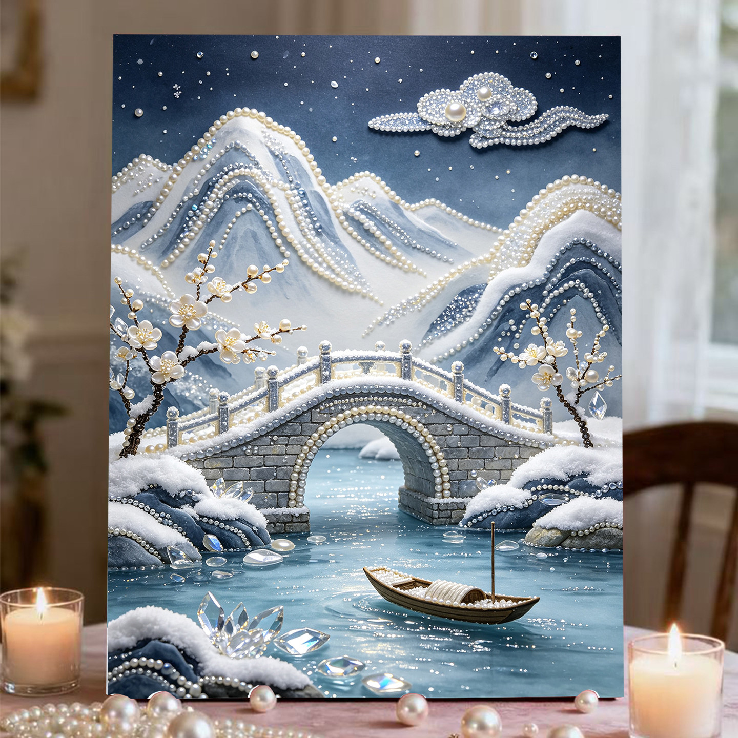 2026新款珍珠画雪山寒梅DIY手工钻石贴画高级材料客厅装饰画摆件