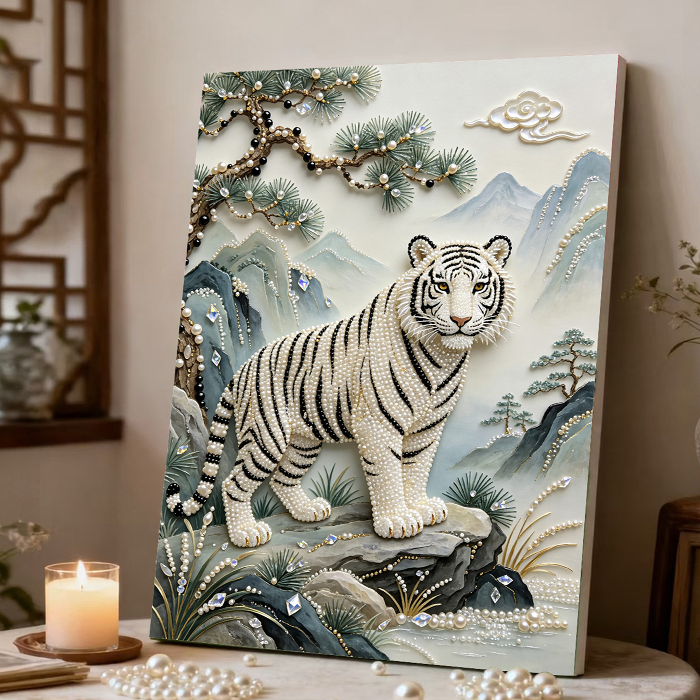 2026新款珍珠画青山白虎DIY手工钻石贴画高级材料客厅装饰画摆件