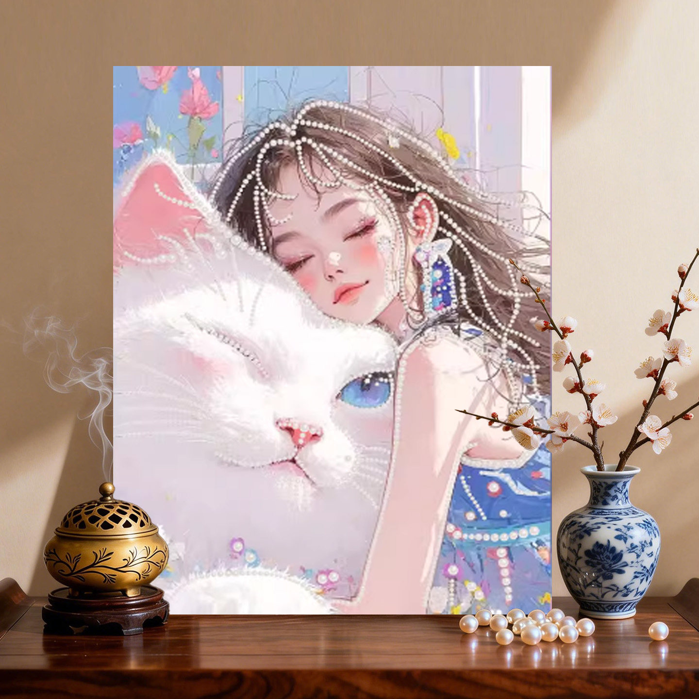 少女与猫 2026新款DIY珍珠画新中式手工制作立体客厅装饰