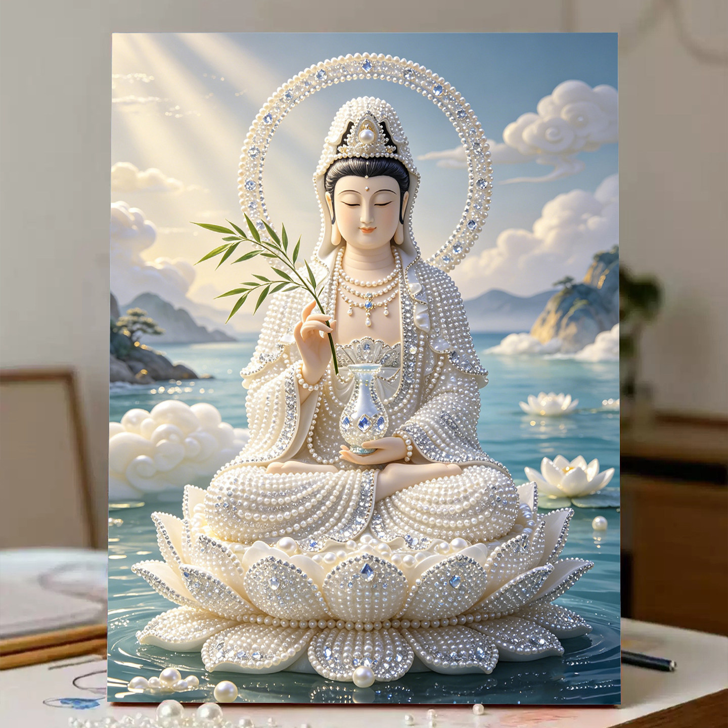 2026新款珍珠画观音坐莲DIY手工钻石贴画高级材料客厅装饰画摆件