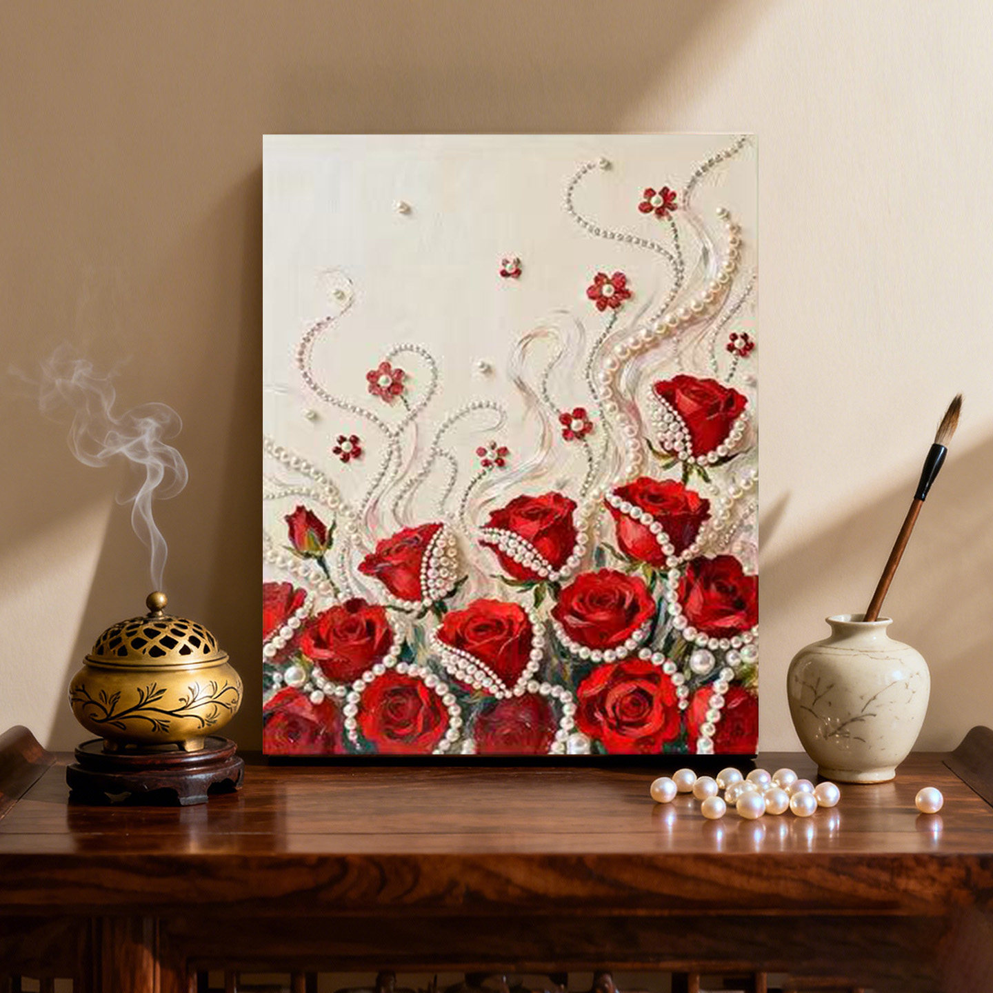 玫瑰的珍珠时代 2026新款DIY钻石珍珠画手工红玫瑰摆台装饰礼物