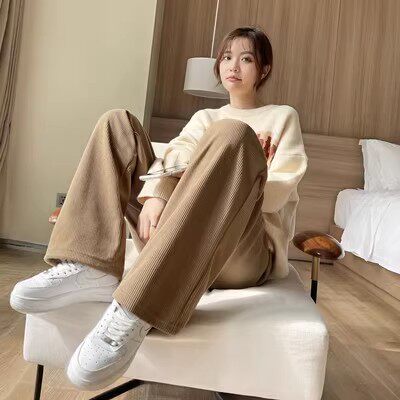 H秋款灯芯绒阔腿裤直筒裤休闲高腰显瘦女裤长裤垂感显瘦柔软