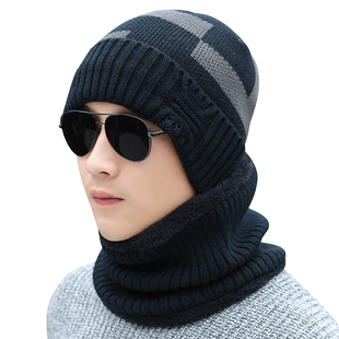 冬季帽子男士针织毛线帽保暖围脖套帽学生骑车加绒帽护耳包头帽男