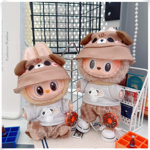17cm拉布布labubu娃衣10cm棉花娃娃汪趣格子小狗套装T恤裤子帽子