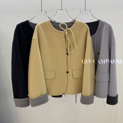 韩系秋冬长袖圆领宽松羊毛呢外套