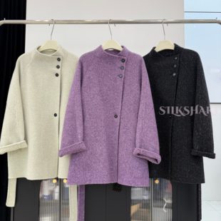 双面羊毛大衣女中长款秋冬新款立领单排扣宽松羊毛呢外套简约通勤