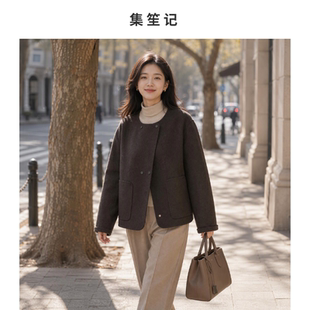 短款圆领羊绒双面呢羊毛大衣女双排扣贴袋秋冬呢外套韩系宽松休闲