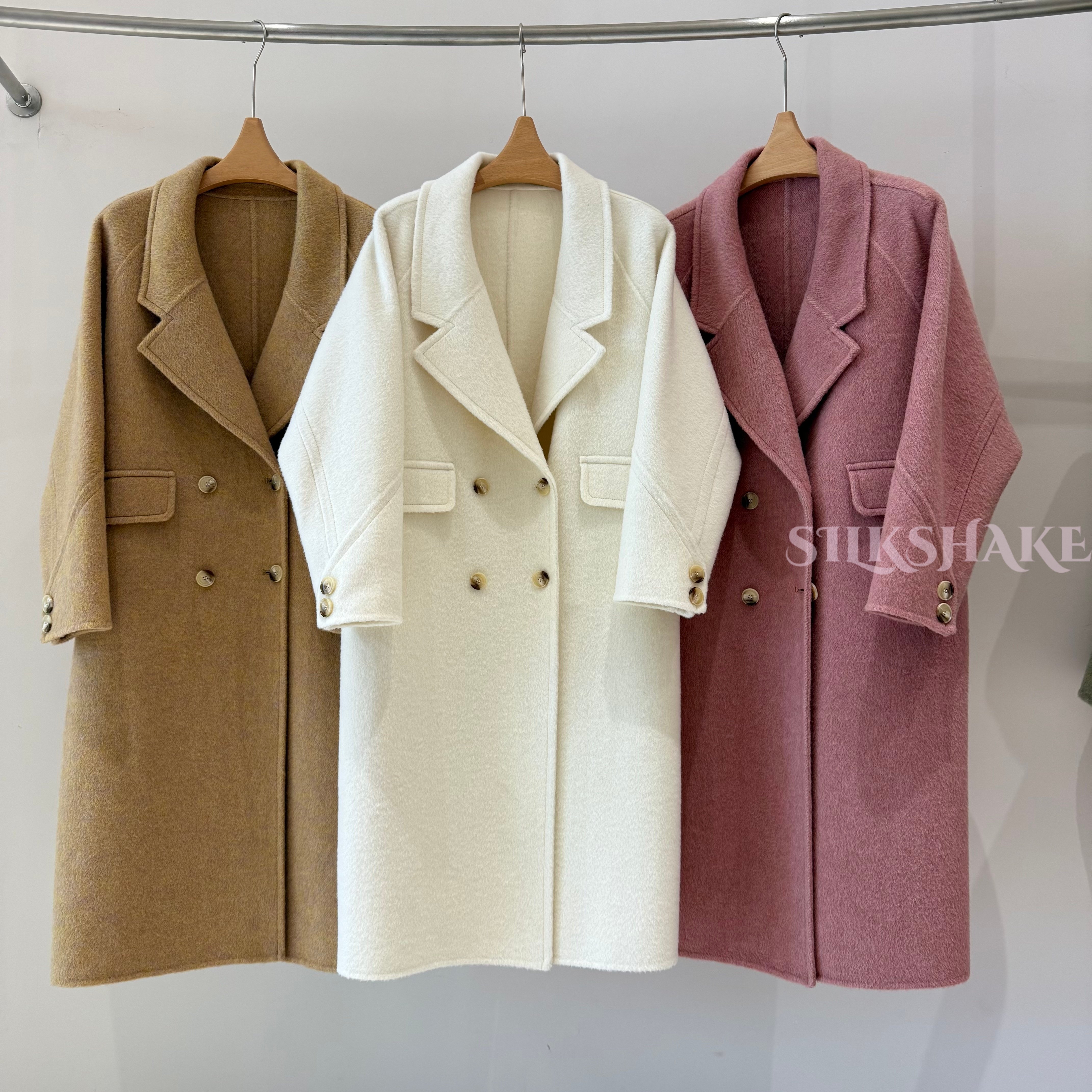 气质韩式风双排扣双面羊毛呢大衣女中长款显瘦百搭西装领毛呢外套