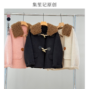 集笙记学院风牛角扣短款羊毛呢外套女毛领保暖气质百搭大衣小个子