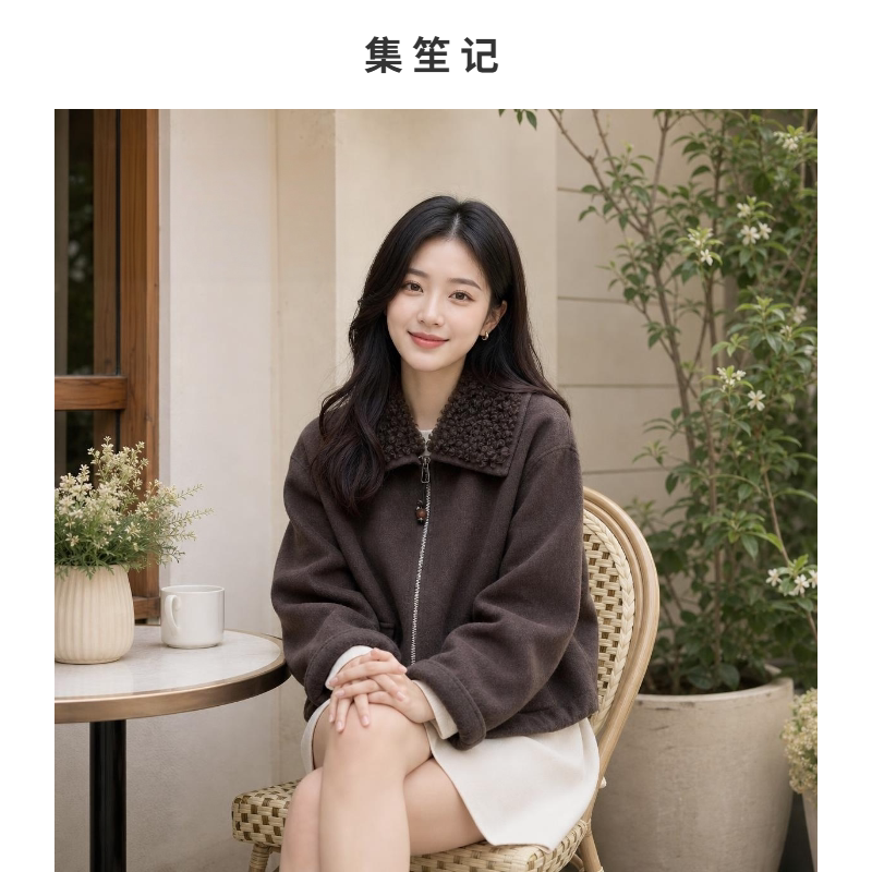 毛领短款羊毛大衣女羊羔毛领拉链