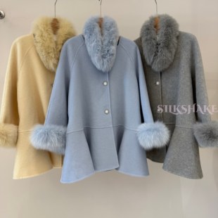 可拆卸毛领双面羊毛大衣女25秋冬新宽松毛袖 口斗篷鱼尾摆毛呢外套