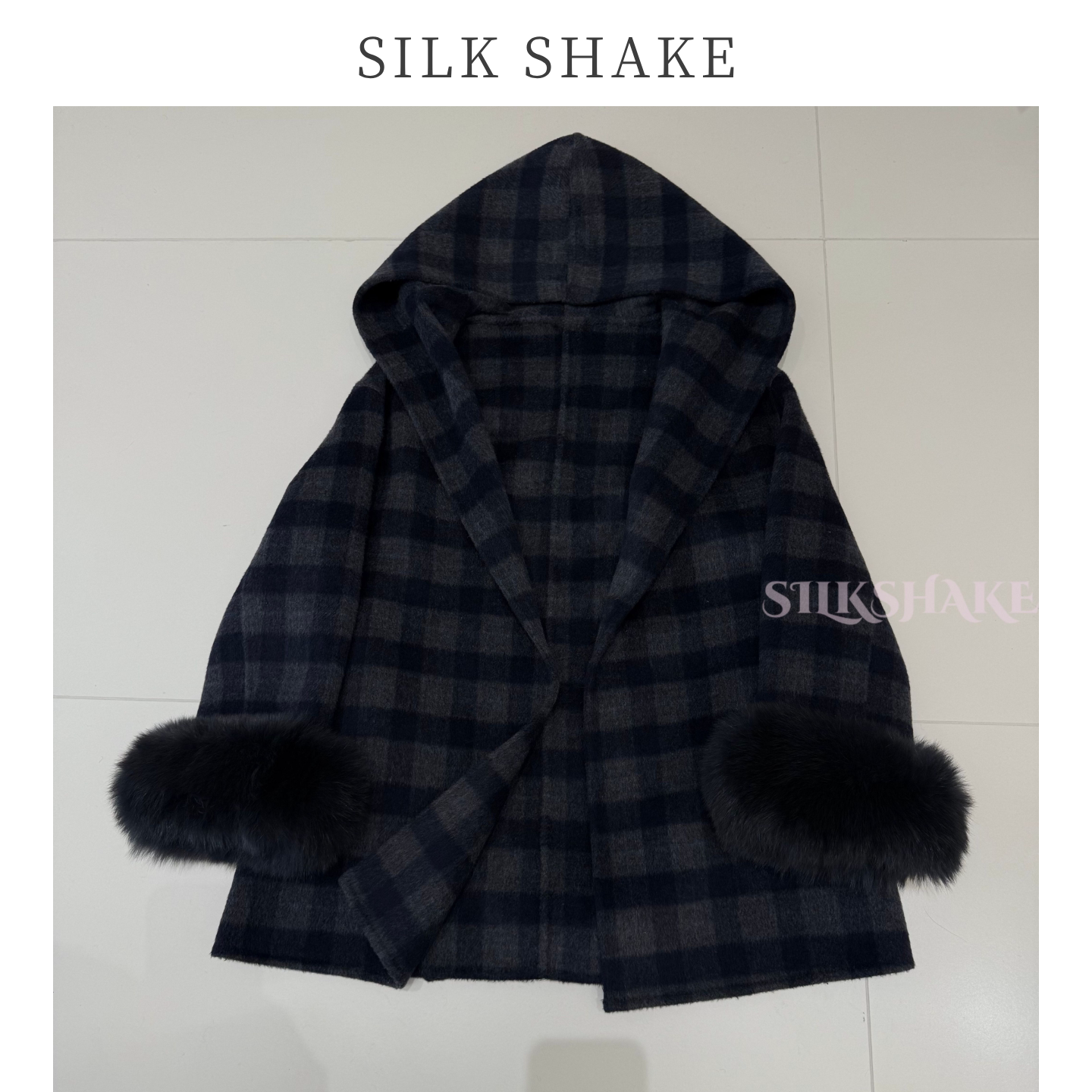 英伦风格纹毛呢外套女连帽毛袖口中长款2025秋冬季双面呢羊毛大衣