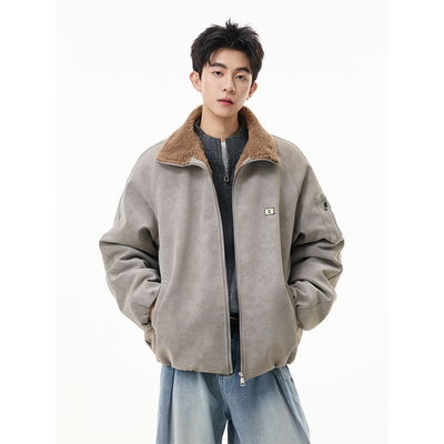 美式羊羔绒翻领棉衣外套男款冬季潮牌宽松扎染pu皮毛一体加厚棉服