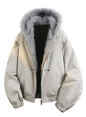 CDGSNOW 美式复古座山雕毛领连帽棉衣外套情侣冬季面包服棉衣外套