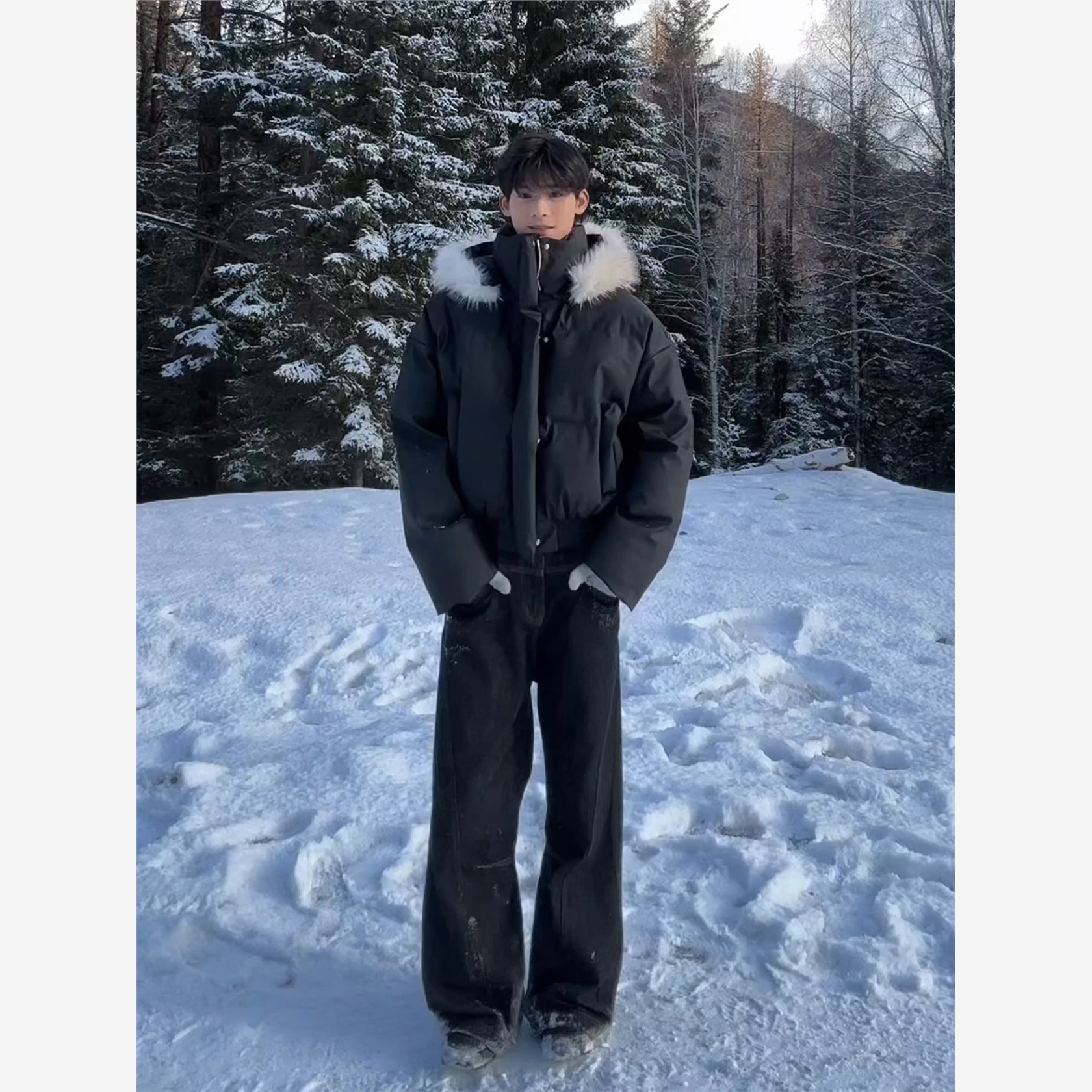 黑色大毛领PU皮衣羽绒棉服男冬季美式连帽立领外套加厚保暖棒球服