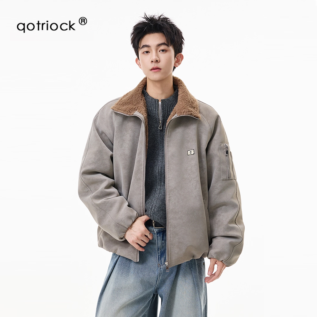 美式仿兔毛翻领棉服男女冬痞帅加绒加厚夹克皮毛一体保暖机车外套