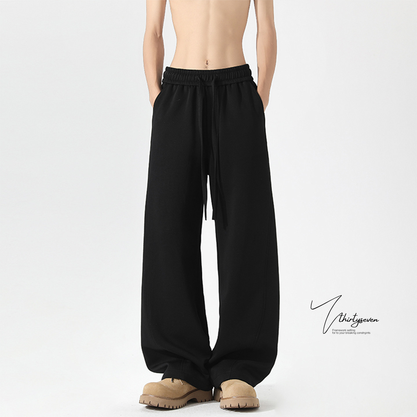 V37美式街头潮流黑色休闲卫裤男夏季潮牌cleanfit弯刀拼接长裤子