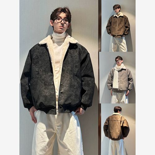 HN潮牌-冬季美拉德羊羔绒雾面PU皮棉服加绒加厚保暖百搭情侣棉衣