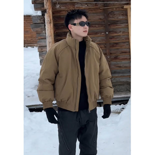 外套 潮牌加厚保暖工装 高级感痞帅卡其色短款 飞行夹克羽绒服男冬季