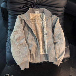 灰色雾面仿貂绒棉服外套男冬季 立领PU皮机车棉袄 加绒加厚棉衣美式