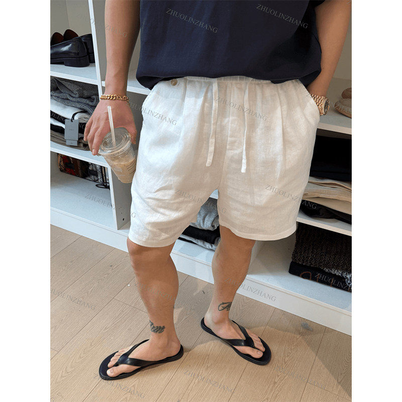 老钱风白色棉亚麻男士短裤夏季薄款休闲五分五分裤子宽松系绳休闲 - 实物图