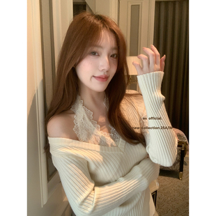 款微醺氛围美神蕾丝锁骨sha挂脖假两件针织衫(连锁品质~备足现现