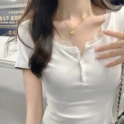 蕾丝花边修身纯欲短袖T恤女设计感夏季半开领正肩bm短款露脐上衣