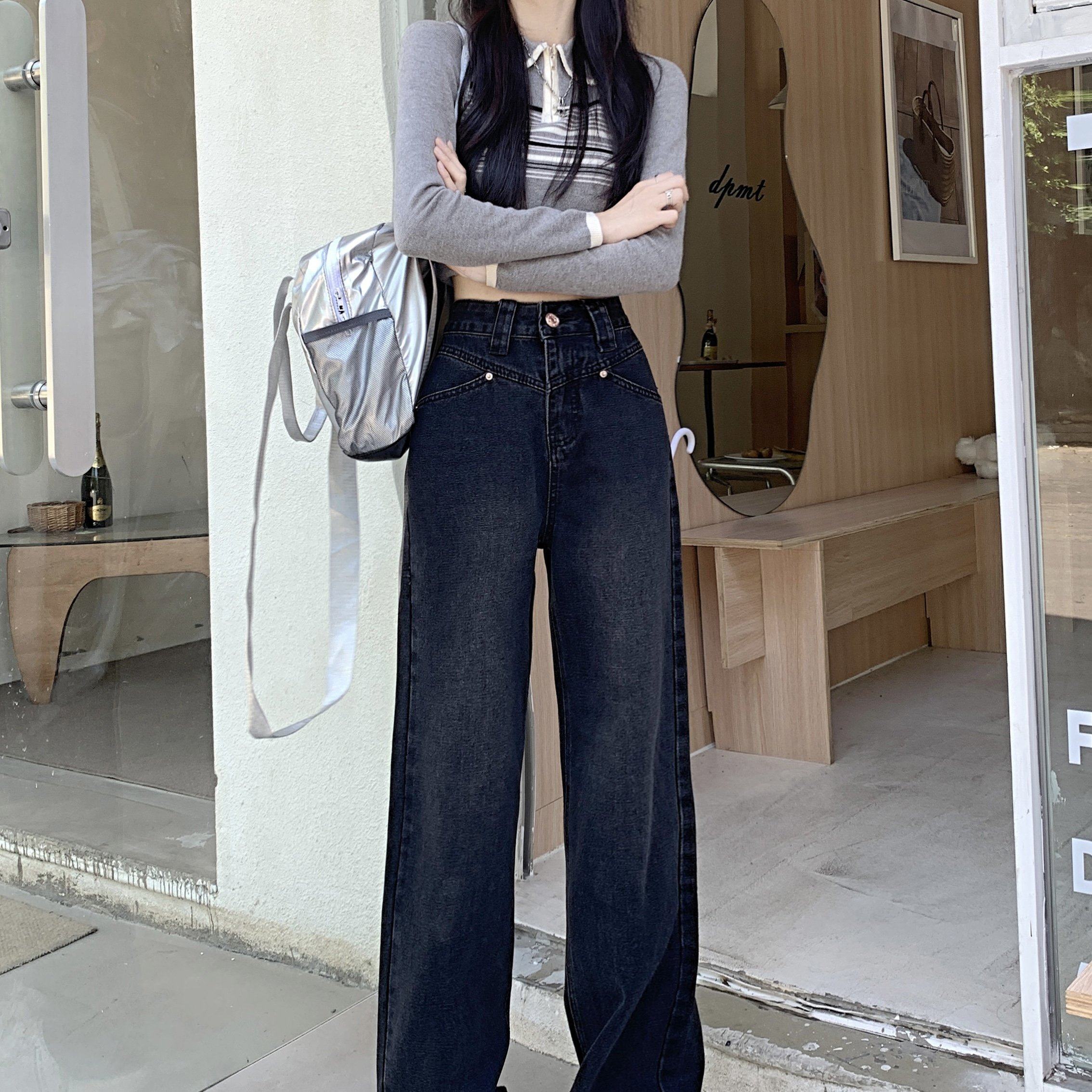 现货大码港风黑色阔腿牛仔裤女复古水洗做旧宽松直筒拖地裤子