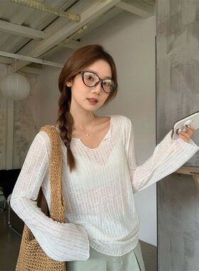 慵懒松弛感木耳边长袖t恤女防晒罩衫夏季2026新款修身显瘦轻薄潮