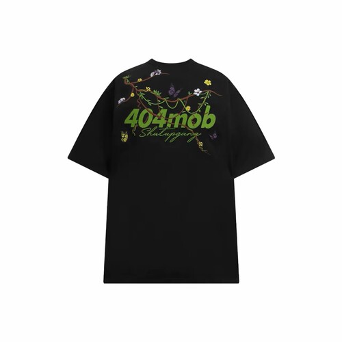 404MOB GANG 美式复古藤蔓蝴蝶花卉仿刺绣情侣短袖T恤 男女同款
