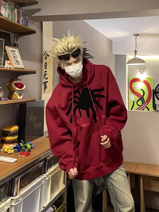 情侣 时尚 DAY NY何秋2025重磅痞帅连帽酒红色春秋季