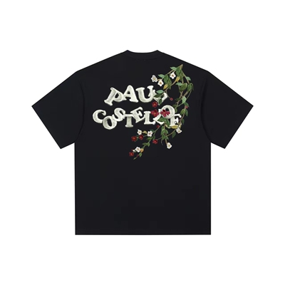 保罗.科斯特洛 国潮美式花卉仿刺绣印花字母交叉图案短袖T恤 男女